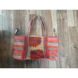 America & Beyond Beaded Tote Bag Pink Orange Floral